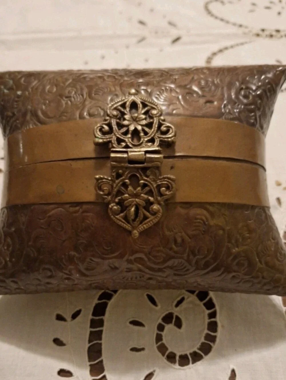 Vintage Embossed Brass Pillow Purse with A And Deep Blue Velvet Lining - Picture 1 of 4